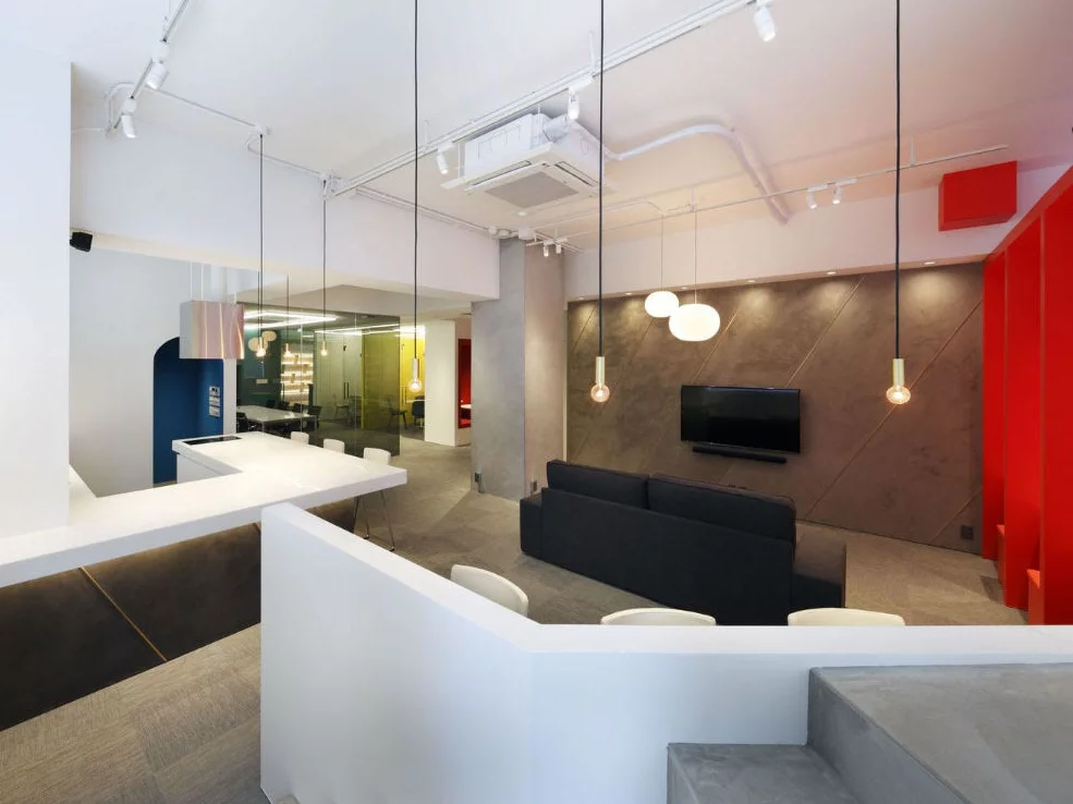 Modern office reception with hanging lights